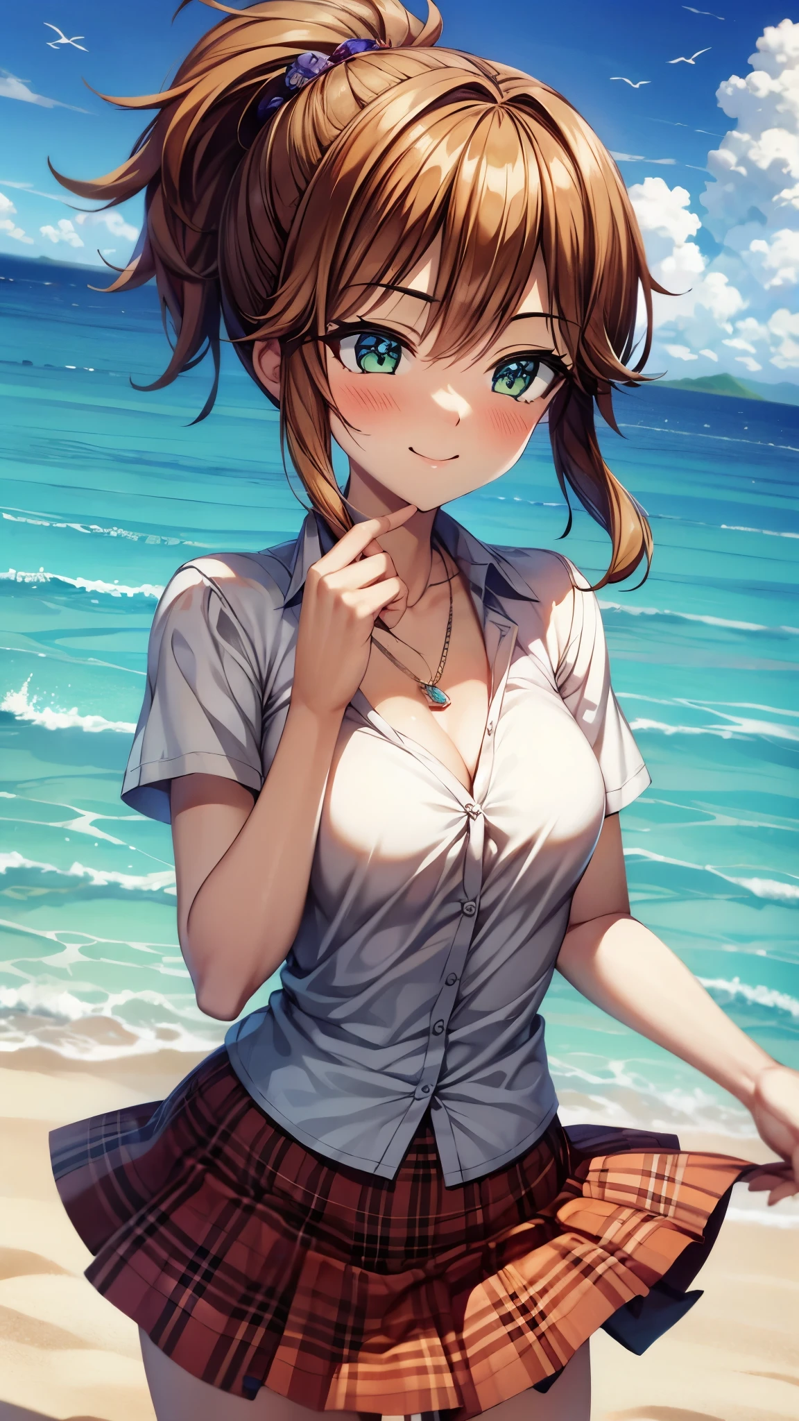 Official art、Top quality ultra-detailed CG art、barechested：１.２）、Brown hair、lively girl、white t-shirts、Transcendent Cute、kirakira、ssmile、Hide and seek、the beach、clean、Short。