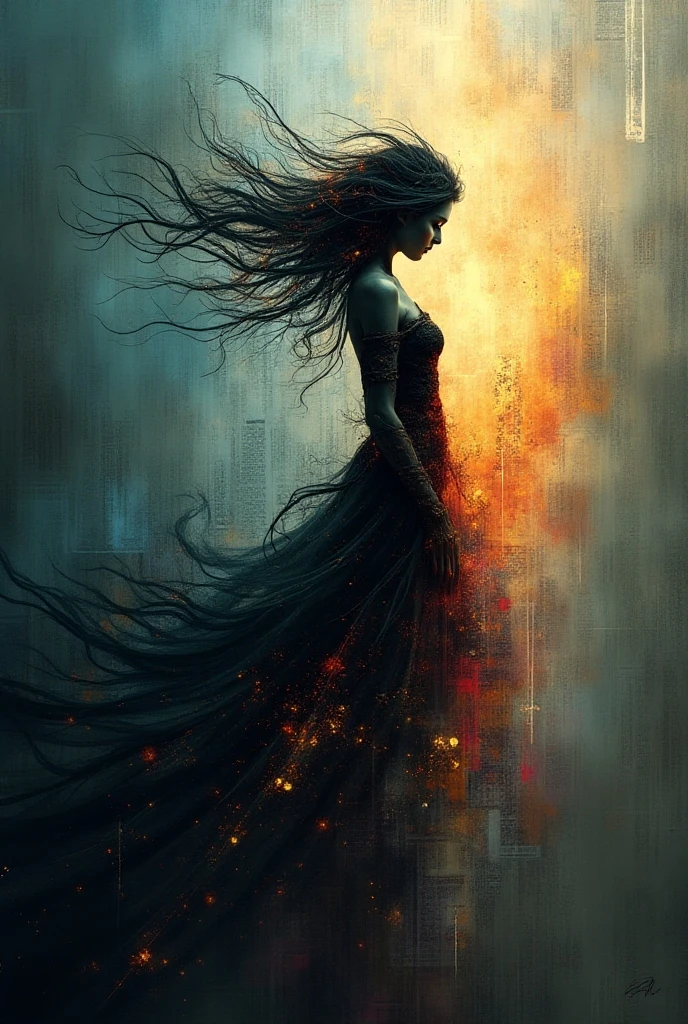 A dark, stylized album cover for the song 'Undone.' The image features a feminine figure surrounded by swirling, shadowy tendrils that seem to pull her down into a dark, chaotic void. The figure is fragmented and appears to be dissolving, symbolizing the spiral of addiction and loss. The background is abstract and textured, with deep, muted tones like indigo, charcoal, and crimson, creating a sense of despair and inner turmoil. The art style is inspired by dark graphic novels or expressionist paintings, emphasizing the emotional intensity and the theme of being 'Undone' by addiction.