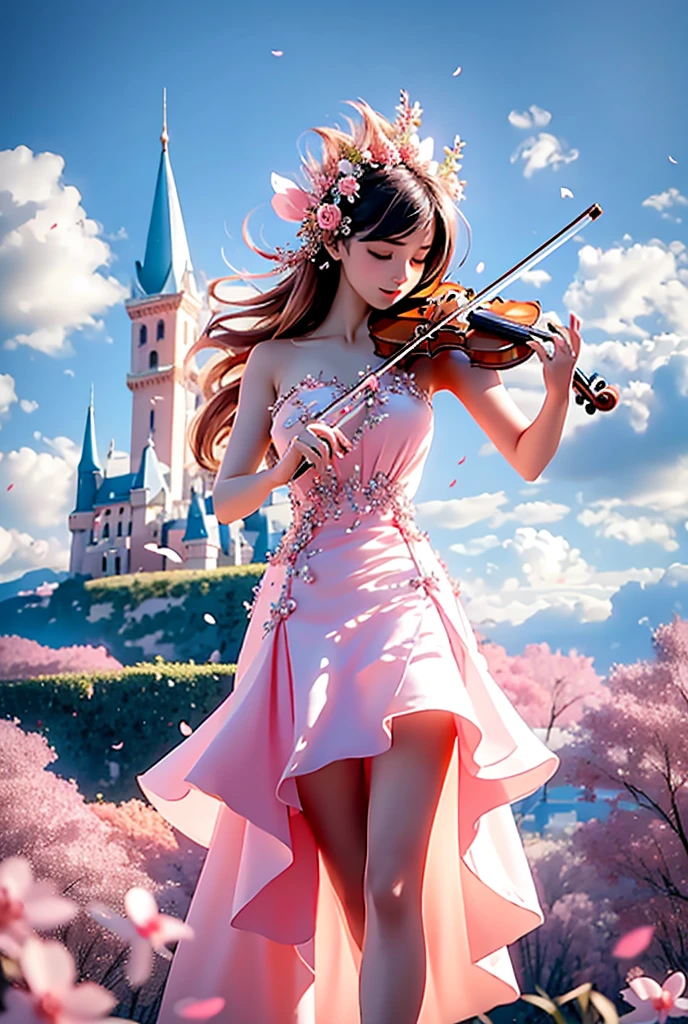 （Girl in a dress in the sky ：1.3），Playing the violin，（Wide-angle lens，panoramic：1.2），Ultra-long-range vision， ultra wide angle low angle shot ，超Wide-angle lens， castle background pink fish violin bare shoulders flower petals pink dress blurry foreground from below （whole body：1.5），（thigh：1.3）， 