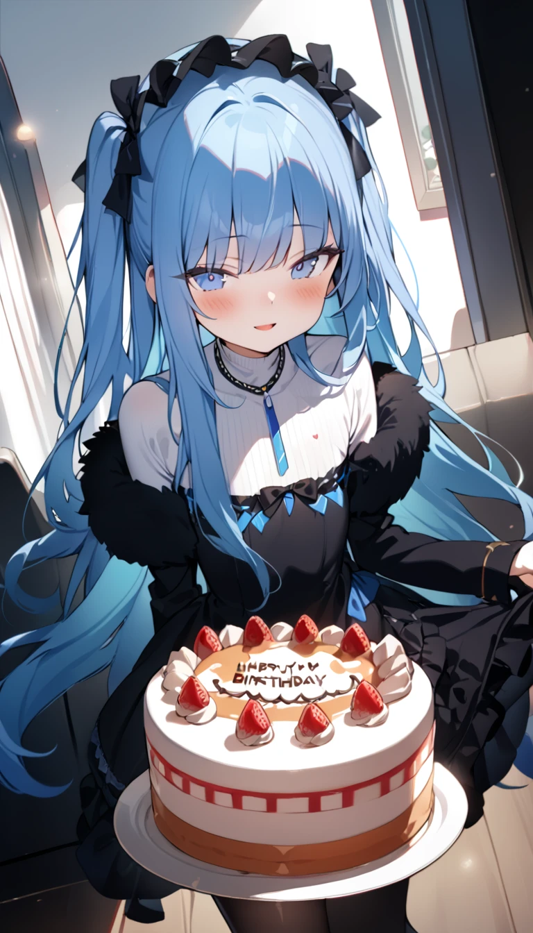 ((masterpiece, best quality, extremely detailed, absurdres)),, masterpiece, best quality, extremely detailed, ((((((light blue long hair)))))), long hair cute anime faces,detailed light,parted lips,shiny、beautiful detailed face,,longhair、(((( light blue long hair)))),,, , 1girl, solo, flat chest, blush, bangs, caramel、Perfect beautiful woman,masterpiece, best quality, ,flat chest, (flat chest),(masterpiece, best quality:1.3) 1girl, solo, long hair, looking at viewer, blush, smile, open mouth, , long sleeves, dress, holding, , jewelry, standing, heart, pantyhose, boots, food, necklace, two side up,, ,tanding on one leg, background, plate, happy birthday, cake, birthday, fur-trimmed boots, birthday cake,****ta-clothing
