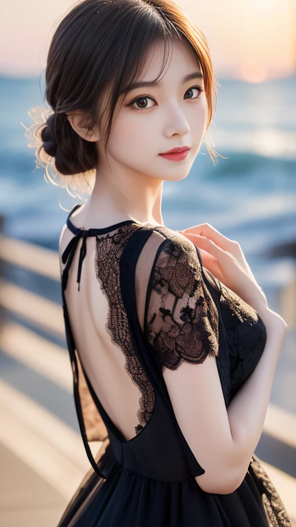 digital portrait、realistic depiction of the human body、RAW photo、one girl、gentle gray eyes、plump lips、An ennui look、huge bouncing busts、shortcut、(((Elegant black lace-like line dress、Dense and artistic lace black line dress、beautiful dress、super luxury dress)))、highest quality、super resolution、master piece:1.5、medium depth of field、50mmlens、cinematic lighting、Backlight、professional photographer、sea side, evening