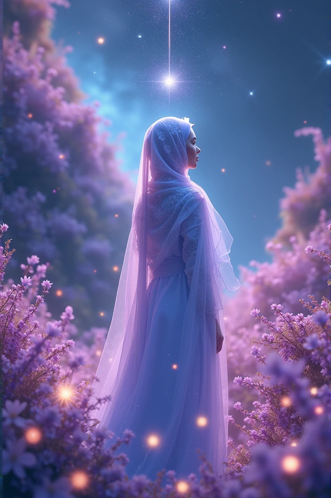 in a beautiful light blue floral hijab in a heavenly dreamland where glowing purple flower plants intertwine with wild interstellar celestial flows. Here, deep magic flows through the cosmos and warm, fiery purple colors dance in a three-dimensional composition. Influenced by J.G. With Quintel's imaginative narrative and Tamara de Lempicka's elegant art style, these scenes radiate extraordinary brilliance, showcasing a spectacular mix of blooming flora and streams of brilliant stars. It is a visual symphony of the universe's infinite creativity, captured in a subtle tapestry of color and light with the slightest breeze. full HD high resolution.