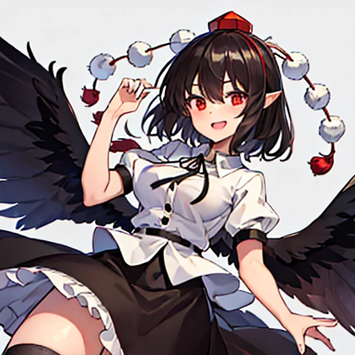 ((Best Quality)), ((masterpiece)), (detailed),1girl,shameimaru aya (touhou), red eyes, black hair, red tokin hat, pom pom (clothes), white collared shirt, black ribbon, frilled black skirt, black kneehighs, red tengu-geta, pointy ears, Wings, You are not wanted, holding,Very smiling,Illustration style,High image quality,About 18 years old,The left hand is a piece