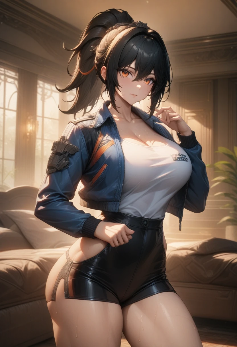 masterpiece,best quality,high resolution,8k,ultra HD,wallpaper,illustration,perfect face,cowboy shot,beautiful detailed eyes,extremely detailed face,perfect lighting,extremely detailed CG,perfect anatomy,perfect body,perfect hands,perfect fingers,1woman,full body,,muscle fighter body,black long ponytail hair,orange eyes,large breasts,Medium ass,,(blue open jacket inner white shirt),black short hot pants,clothed,,collarbone,,looking at viewer,(sexy look pose),Steam,sweat,rich home,(Zenless Zone Zero character Zhu Yuan),adult