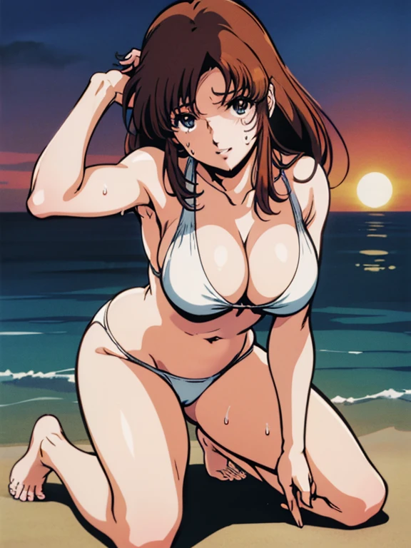 ( anime style)、(beautiful顔:1.5)、(beautiful、Large Breasts:1.1)、colorful、Glowing Skin、(masterpiece:1.5)、( High Resolution )、(Best Quality)、(Ultra high definition)、(Detailed hands and fingers)、( anatomically correct finger)、(sweat)、break、Hayase Misa、Brown Hair、Long Hair、break、barefoot、break、(White Bikini)、( hands behind head)、(Kneel)、((Beach at sunset ))