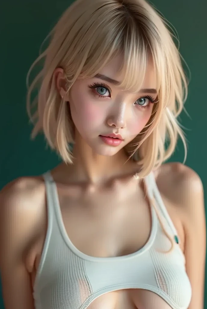 portlate、top-quality、超A high resolution、(Looking at the camera)、(Photorealsitic:1.4)、1 girl in、masterpiece、inside in room、blonde hair, High Style、cute perfect face、Junior high school style at a café、hair behind ear, Ponytail, Short hair, surrealism, depth of fields, Blurry, One-person viewpoint, Wide Shot, move chart, nffsw, Composition of the whole body、g-cup