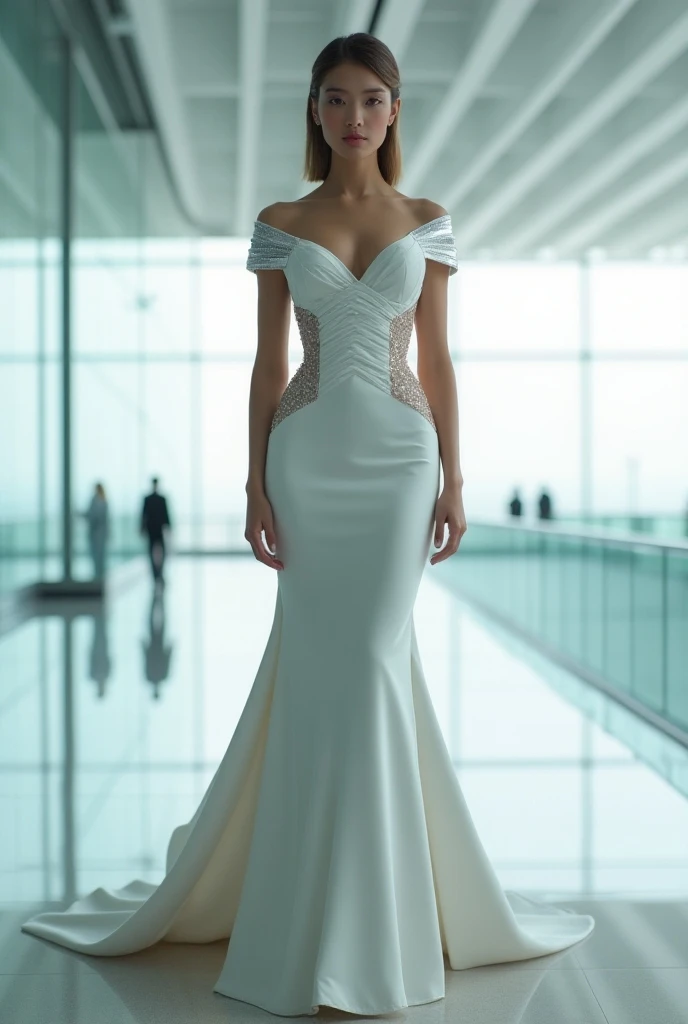 horror scene. Realistic mannequin of woman WITH knife in hand and wearing wedding dress in a glass display case. Peeking through the glass