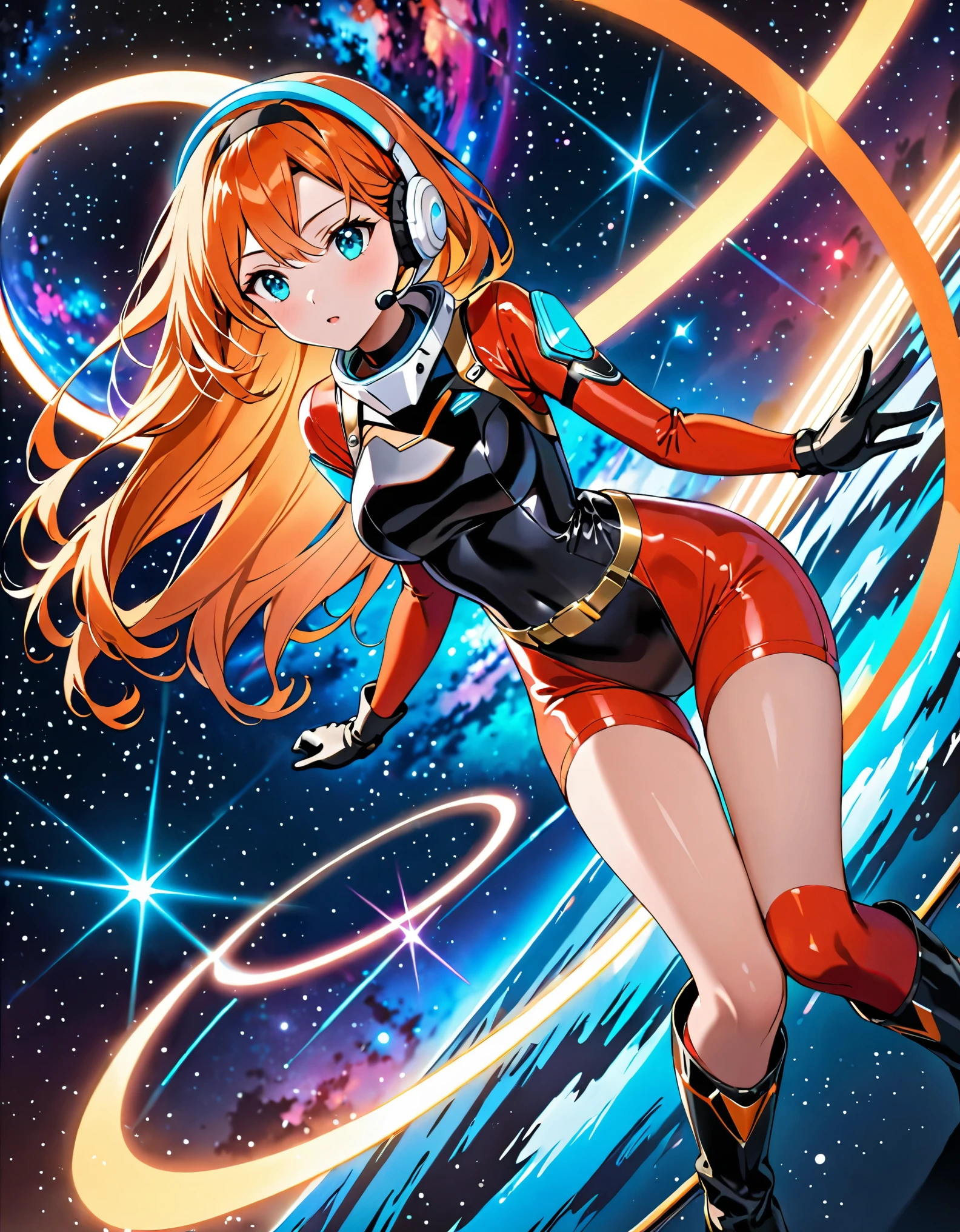 best quality, masterpiece, hires, long orange hair woman, golden headband, aqua eyes, night, neon, galaxy background, diffraction spikes, neon lights, red bodysuit, black leotard, (gold belt, tight belt:1.2), black gloves, black boots, (bare legs:1.2), looking away, holding her space helmet, 8k