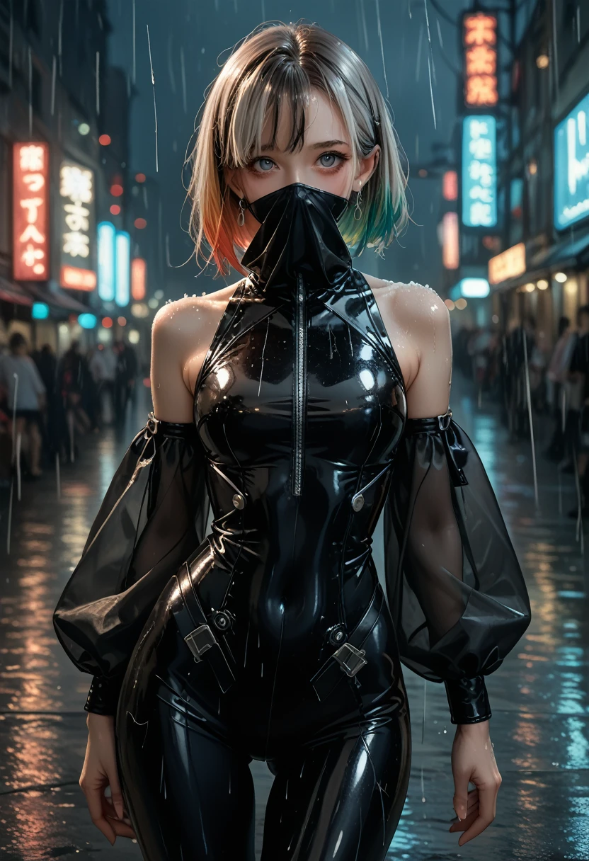 portrait, 1 girl,  with a beautiful face ,  Asymmetric hair ,  multicolored hair , belt, bodysuit, covered mouth, covered navel,  detached sleeves , gray eyes, thigh incision, open jacket, Cute, look at viewer, night city, Neon, rainy,