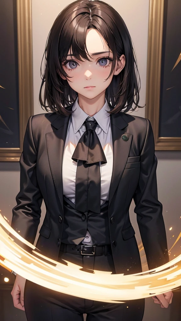  adult female, Alone, sexy,8K resolution,((Best Quality)), super high definition, (Grim expression), (Black eyes), A beautiful, symmetrical face, (brown cut medium hair),Office Jacket, suit pants ,Realistic:1.4,Realistic:1.4,(masterpiece:1.2), perfect eyes,Perfect Eyes, anatomically correct human body