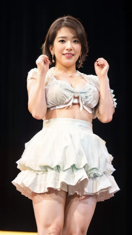  Japanese mature, white skin,45 years old,(plump body,Large Breasts,Emphasizes plump thighs:1.5),(idoldress,earrings,Ultra short micro mini skirt,High heels:1.2),( standing on stage ,Full body shot from head to toe,full body,standing:1.2),looking at viewer,smile,surrealism, depth of field, from below, Sony FE, 8k, wakudamayuko, arms up