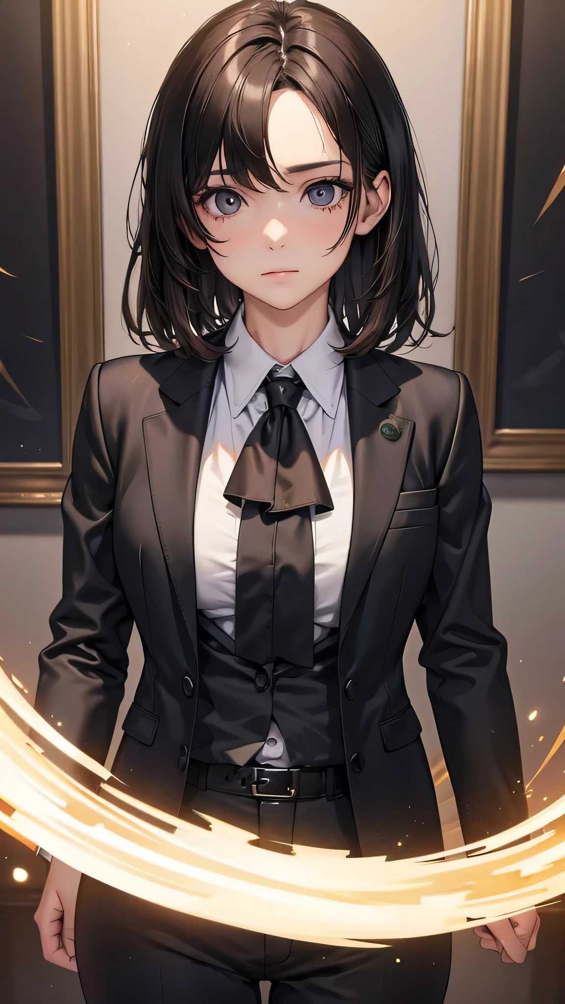  adult female, Alone, sexy,8K resolution,((Best Quality)), super high definition, (Grim expression), (Black eyes), A beautiful, symmetrical face, (brown cut medium hair),Office Jacket, suit pants ,Realistic:1.4,Realistic:1.4,(masterpiece:1.2), perfect eyes,Perfect Eyes, anatomically correct human body