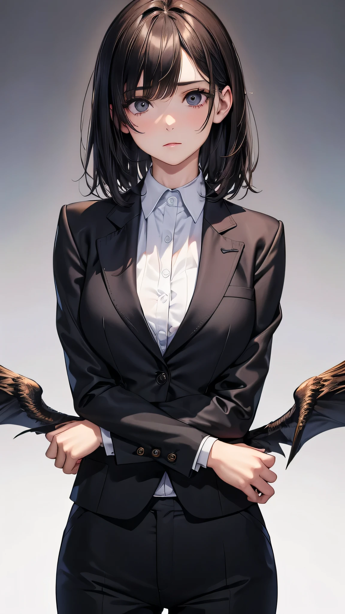  adult female, Alone, sexy,8K resolution,((Best Quality)), super high definition, (Grim expression), (Black eyes), A beautiful, symmetrical face, (brown cut medium hair),Office Jacket, suit pants ,Realistic:1.4,Realistic:1.4,(masterpiece:1.2), perfect eyes,Perfect Eyes, anatomically correct human body