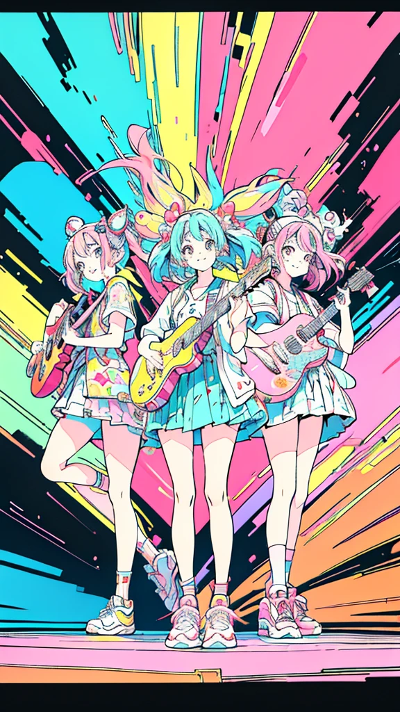 “An energetic, cute, and colorful illustration inspired by 90s Japanese rock band album covers. The image features a cheerful group of four musicians (two men and two women) playing their instruments with bright, exaggerated expressions. The background is a vibrant mix of neon colors like pink, blue, and yellow, with abstract shapes and patterns, giving it a retro pop vibe. Each character has a distinct, fun fashion style reminiscent of 90s streetwear, such as bold prints, oversized jackets, and bright sneakers. The overall mood is lively, youthful, and upbeat, capturing the energy of a rock concert.”