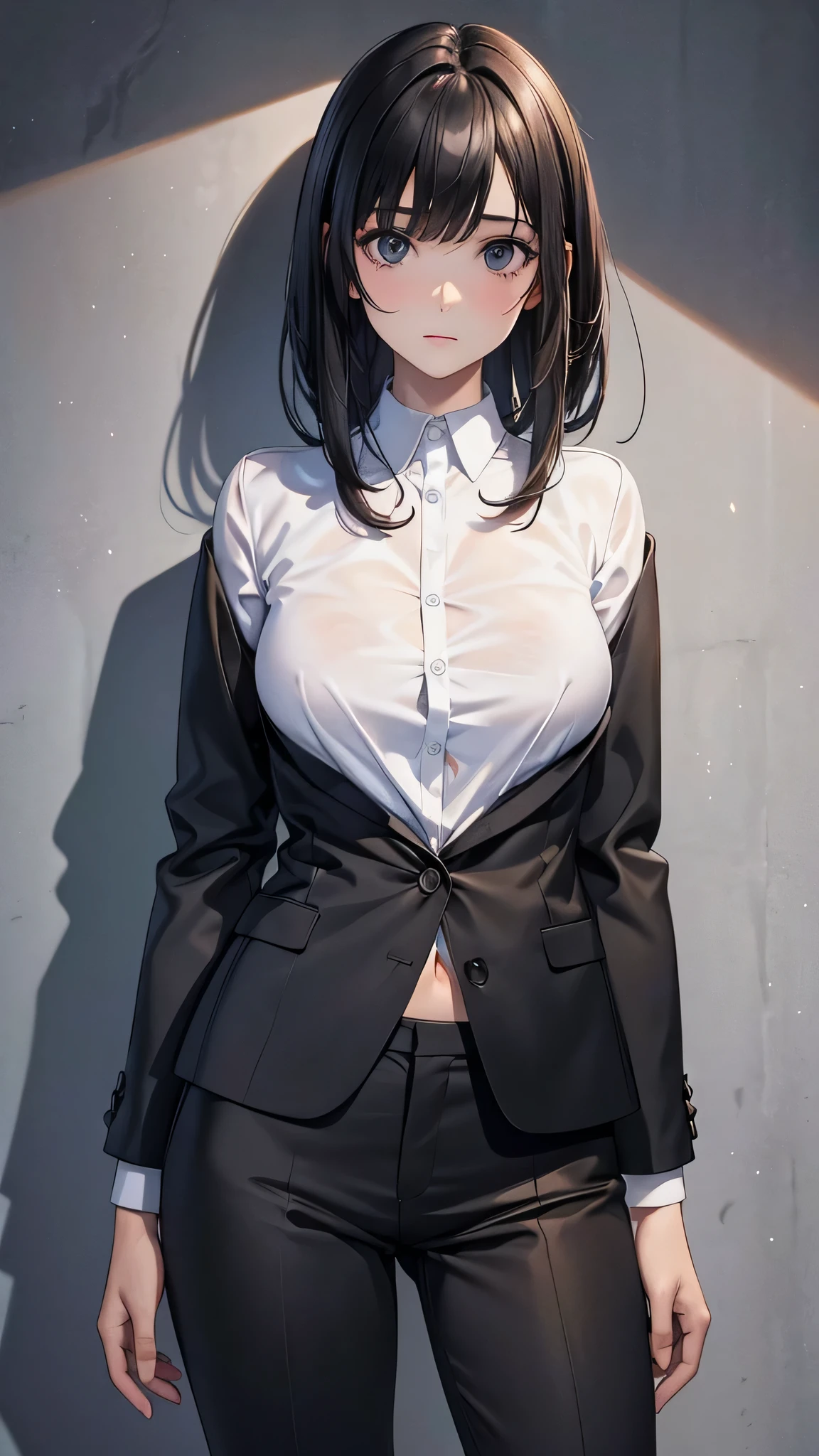  adult female, Alone, sexy,8K resolution,((Best Quality)), super high definition, (Grim expression), (Black eyes), A beautiful, symmetrical face, (brown cut medium hair),Officeジャケット, suit pants ,Realistic:1.4,Realistic:1.4,(masterpiece:1.2), perfect eyes,Perfect Eyes, anatomically correct human body,Office