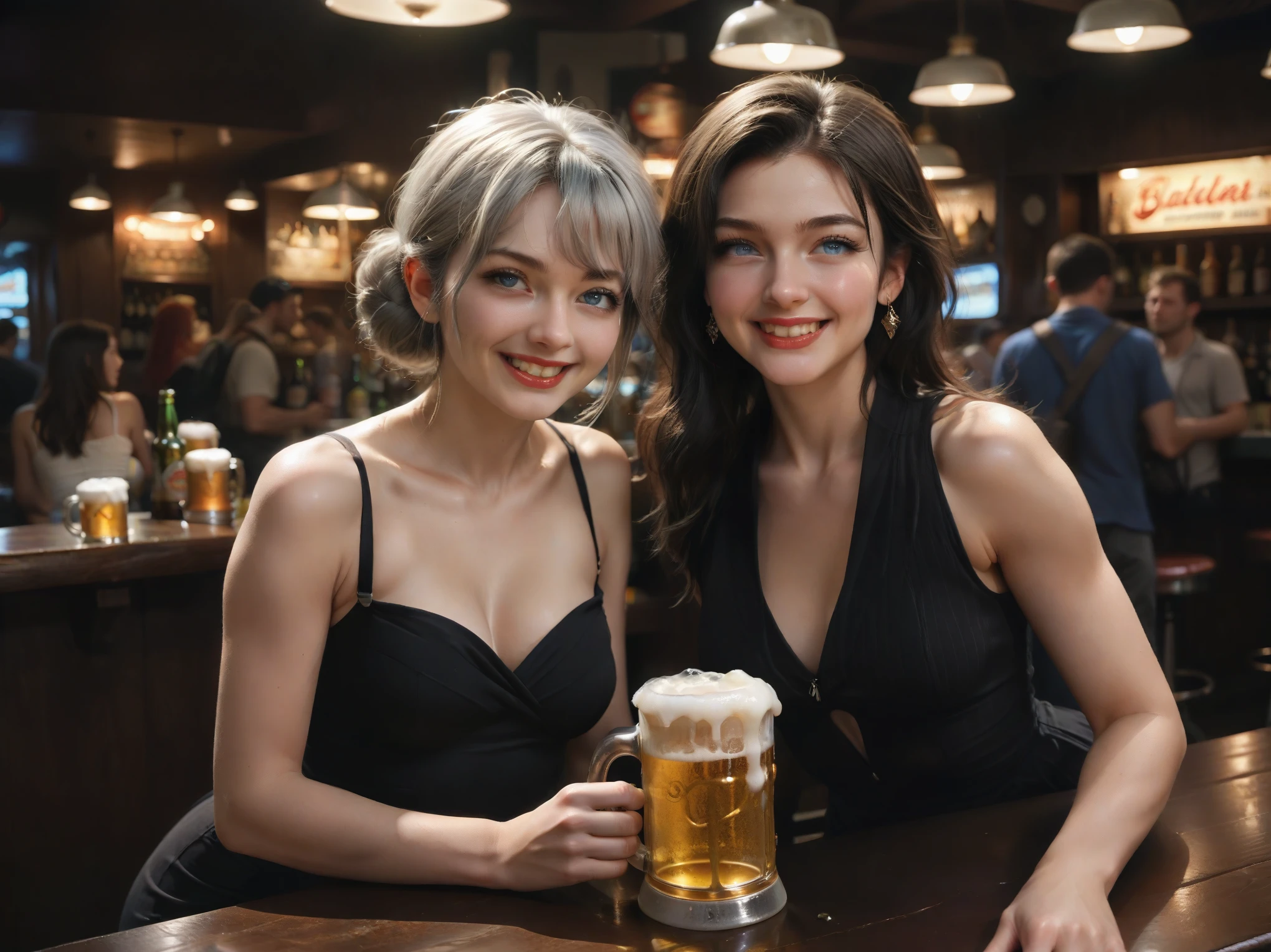 masterpiece,8k,Highest quality,raw photo ,high detailed,Two detailed women, smile , seems to be having fun, detailed long blue eyes ,Catchlight in the eyes,Gray Hair, movie light ,flash,Taken with a 60mm f2 . 0 lens ,bar ,( one person on the left is wearing a white bodycon dress 、 the other one on the right is wearing a black bodycon dress),Light lipstick ,break, ((Bottled beer)),Bottled beerを片手に持っている, with a "Beer" label on a green bottle