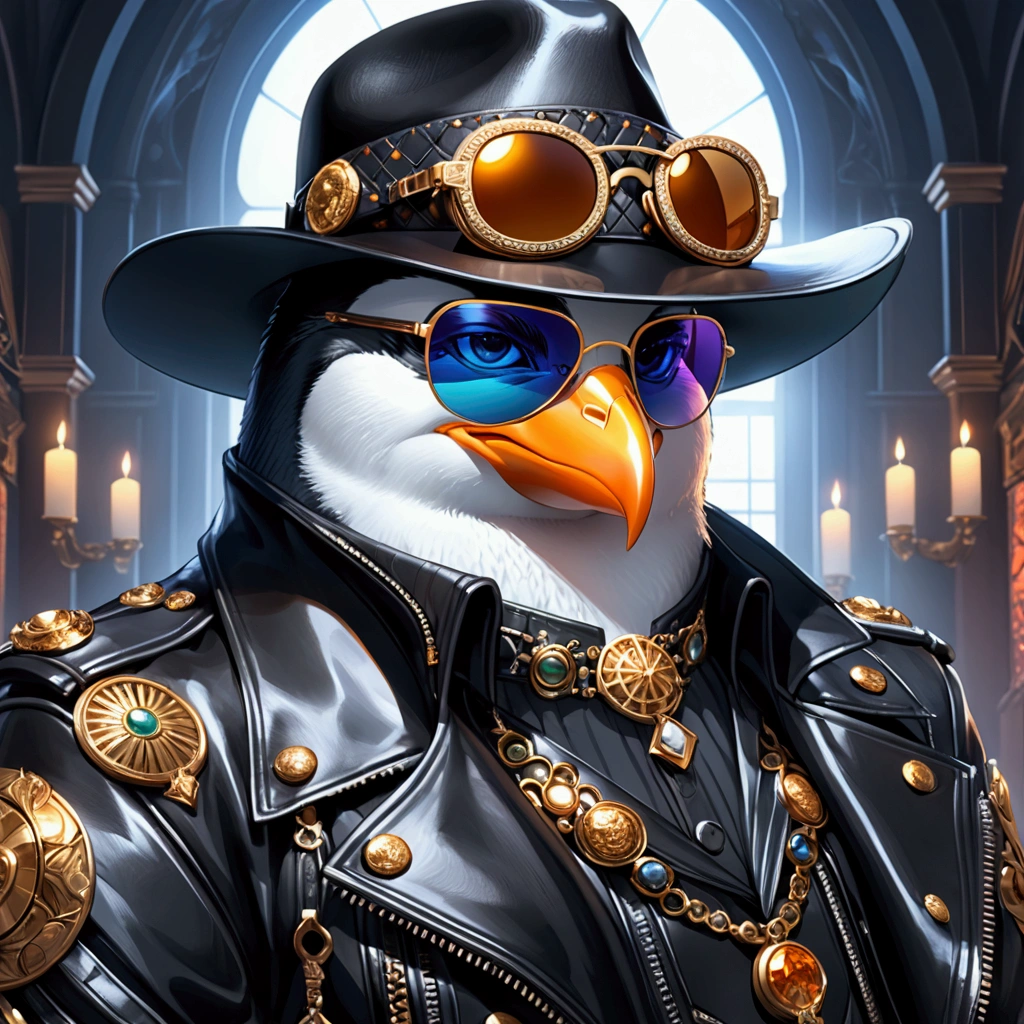 Closeup, Kyoto Animation manga art style, an extremely badass anthropomorphic penguin wearing an insanely cool black leather biker jacket open, black fedora, black leather biker gloves, black leather biker pants, sunglasses, ethereal light, intricate details, extremely detailed, incredible details, full colored, complex details, insanely detailed and intricate, hypermaximalist, extremely detailed with rich colors. masterpiece, best quality, aerial view, HDR, UHD, unreal engine. looking at the camera, ((acrylic illustration, by artgerm, by kawacy, by John Singer Sargenti) dark Fantasy background, Representative, Rich in details High quality, 8k, super detail, gorgeous light and shadow, detailed decoration, detailed lines. 