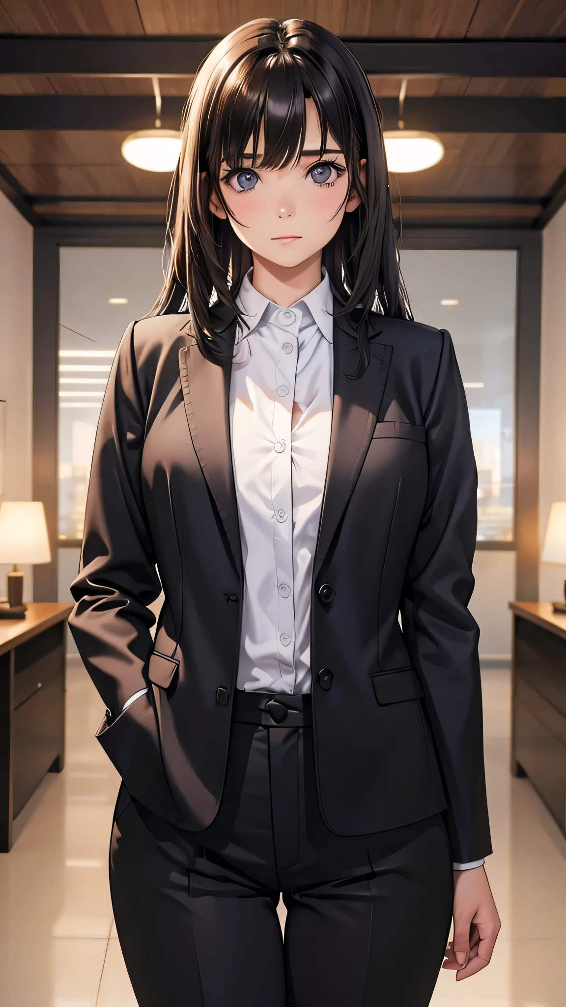  adult female, Alone, sexy,8K resolution,((Best Quality)), super high definition, (Grim expression), (Black eyes), A beautiful, symmetrical face, (brown cut medium hair),Officeジャケット, suit pants ,Realistic:1.4,Realistic:1.4,(masterpiece:1.2), perfect eyes,Perfect Eyes, anatomically correct human body,Office