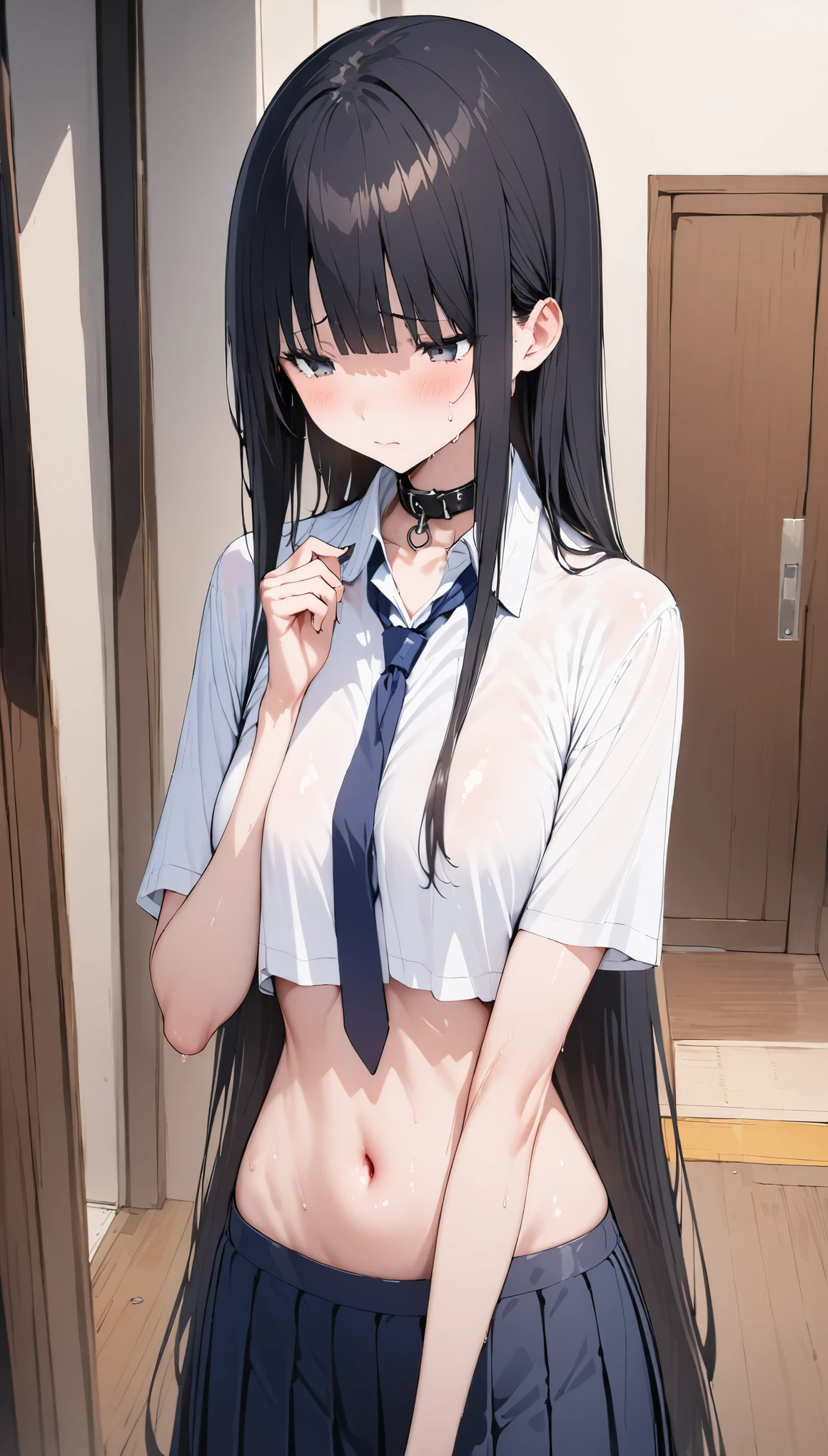 best quality, amazing quality, very aesthetic, absurdres, 1girl, aris (blue archive), blue archive, blue eyes, black hair, strapless, (artist official art:1.5), (realistic face), (narrowed eyes), (cowboy shot:2), (concept art:1.5), panties, (thigh), expressive eyes, perfect face, 4k, extremely detailed anime illustration, detailed eyes, enhanced details, perfect anatomy, light rays, photo background, extremely delicate body, smooth skin, feminine expression, (black background:1.5), cristal clear eyes, beautiful face, small breasts
