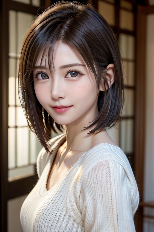 (logo, masterpiece, 8K, Tabletop, RAW Photos, wonderful, 最high quality, Photorealistic and very detailed CG composite 8k wallpaper, high quality, Very detailed, Narrative poem, Particle Effects, Dynamic Effects, Depth of the Boundary, Cinematic Light, Lens flare, Ray Tracing), short hair beautiful young woman, Hair tied back, high detail skin, very fine, fine skin texture, beautiful face, realistic eyes, beautifully detailed eyes, realistic skin, beautiful skin, surreal, smiling eyes, Hair and light eyes, Vibrant, Colorful lights and bokeh. The lighting casts a warm glow on her face and hair, Blue glow, Water surface reflection, Creates a dreamy and magical atmosphere, Big Breasts, Brown Hair, short hair, plump lower lip, pink blush on the cheeks , pink lips, brown tight no-shoulder knit sweater