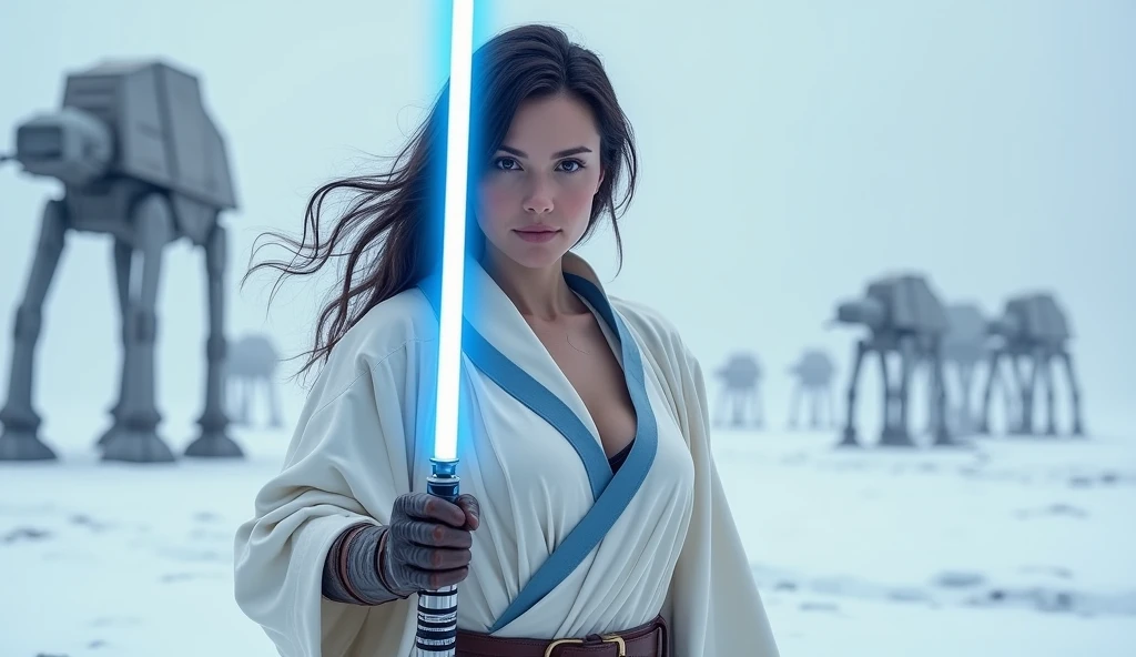 **Lyra Kenobi** she is hot and cute : With striking blue eyes and flowing dark hair, she is extremely beautiful, she has extremely large boobs, and round ass, bust 90 waist 50 hip 100, and round ass, and thick thighs.she grips her blue lightsaber tightly amidst a snowy Hoth landscape. Her white tunic with blue accents with bra, leather gloves, and boots are tailored for combat. The icy terrain around her is dotted with rebel trenches and the distant forms of AT-AT walkers. Full body. Standing.
