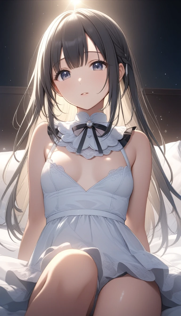 female pervert、A dark-haired、Long、White dress、Upper body only, smile