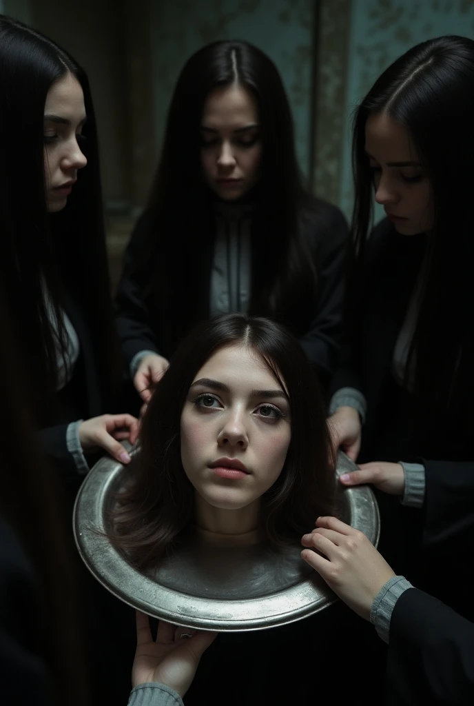 Group of school girls in long black skirts and long hair hanging dead boy from ceiling by strangling him in bathroom with neck rope