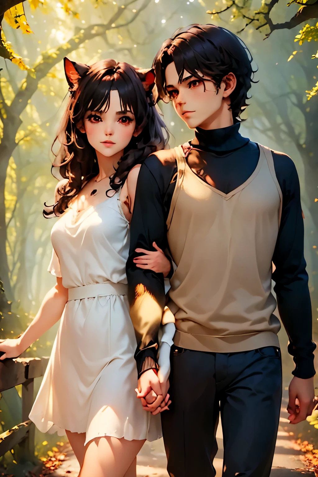 A couple holding hands the boy is Neocruz dark brown hair, brown eyes. y la chica es black hair, cat ears, red eyes, en un camino a través del bosque., fog,  autumnal landscape , sunlight filtering through the fog and branches