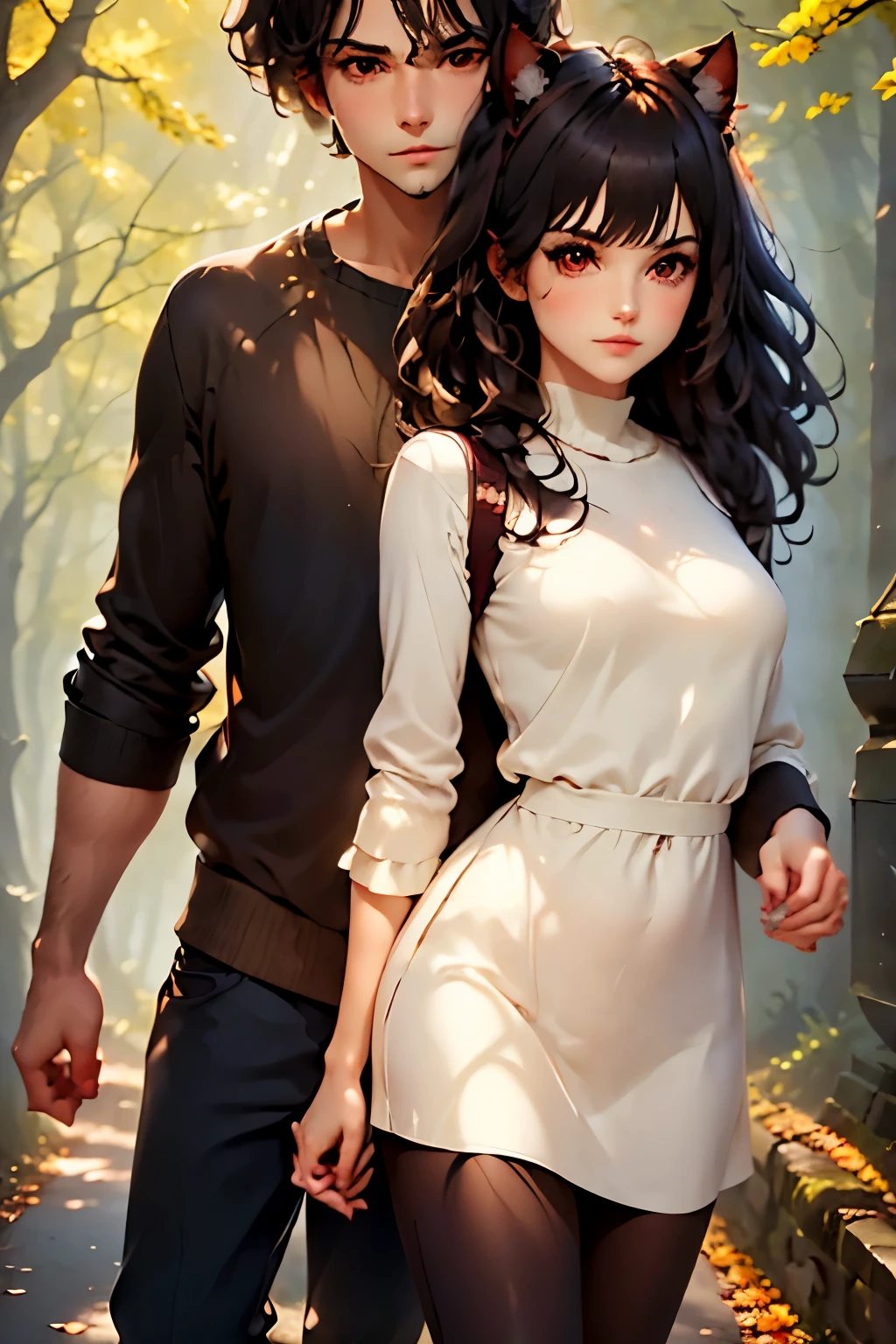 A couple holding hands the boy is Neocruz dark brown hair, brown eyes. y la chica es black hair, cat ears, red eyes, en un camino a través del bosque., fog,  autumnal landscape , sunlight filtering through the fog and branches