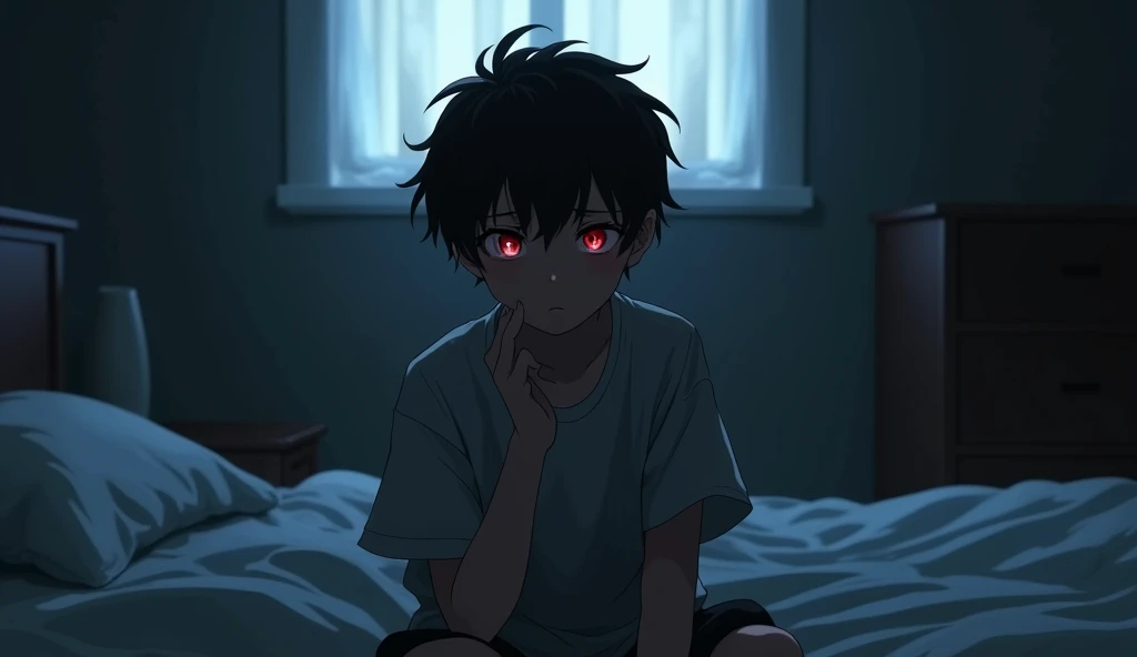 21-year-old boy with black hair and red eyes,in a bedroom,Evil smile shows the crazy side of desire。