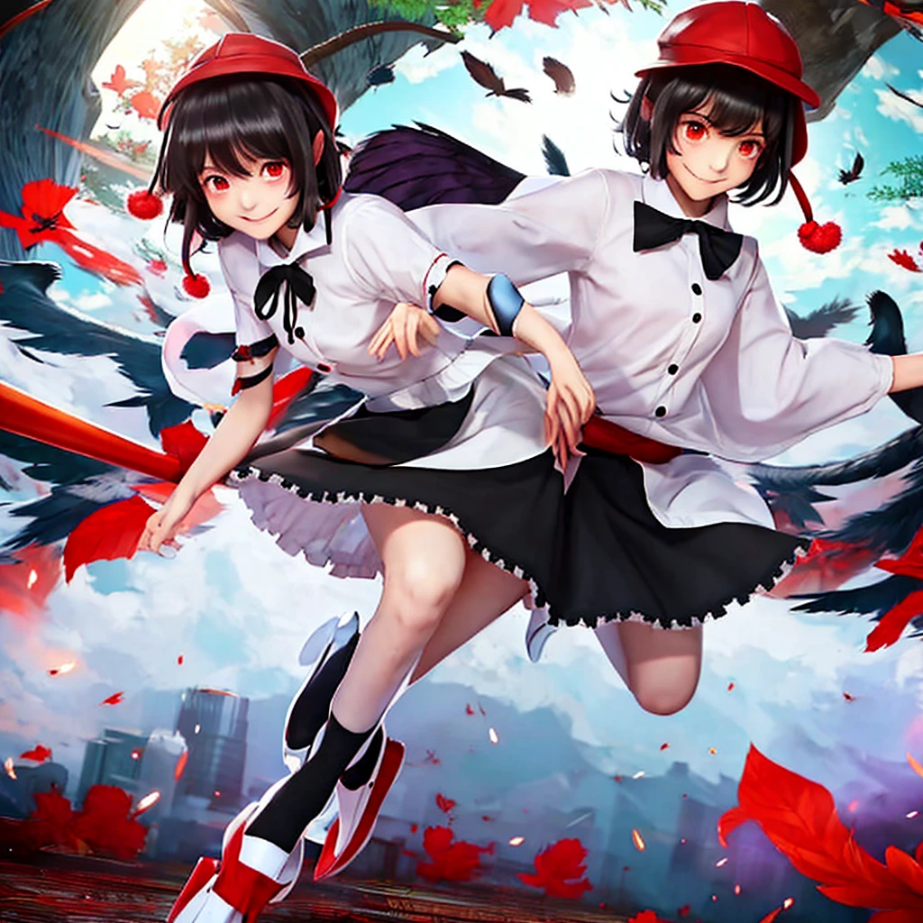 ((Best Quality)), ((masterpiece)), (detailed),1girl,shameimaru aya (touhou), red eyes, black hair, red tokin hat, pom pom (clothes), white collared shirt, black ribbon, frilled black skirt, black kneehighs, red tengu-geta, pointy ears, Wings, You are not wanted, holding,Very smiling,Illustration style,High image quality,About 18 years old,The left hand is a piece
