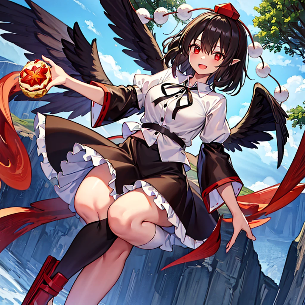 ((Best Quality)), ((masterpiece)), (detailed),1girl,shameimaru aya (touhou), red eyes, black hair, red tokin hat, pom pom (clothes), white collared shirt, black ribbon, frilled black skirt, black kneehighs, red tengu-geta, pointy ears, Wings, You are not wanted, holding,Very smiling,Illustration style,High image quality,About 18 years old,The left hand is a piece
