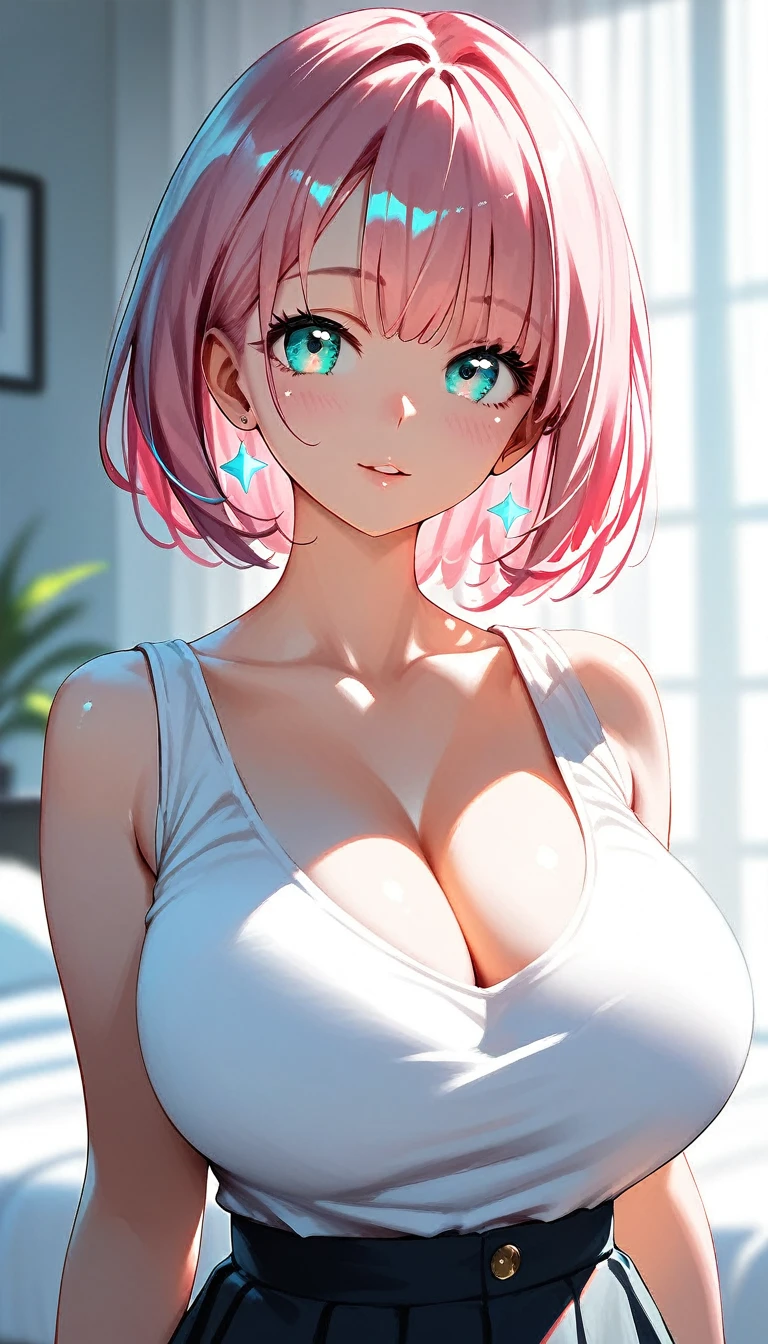 (best quality:1.2), (ultra-detailed:1.2), (2.5D:1.2), (Anime Moe Art Style), 1girl , pink hair,  Cyan eyes, gradient eyes, , large breasts, portrait, bedroom