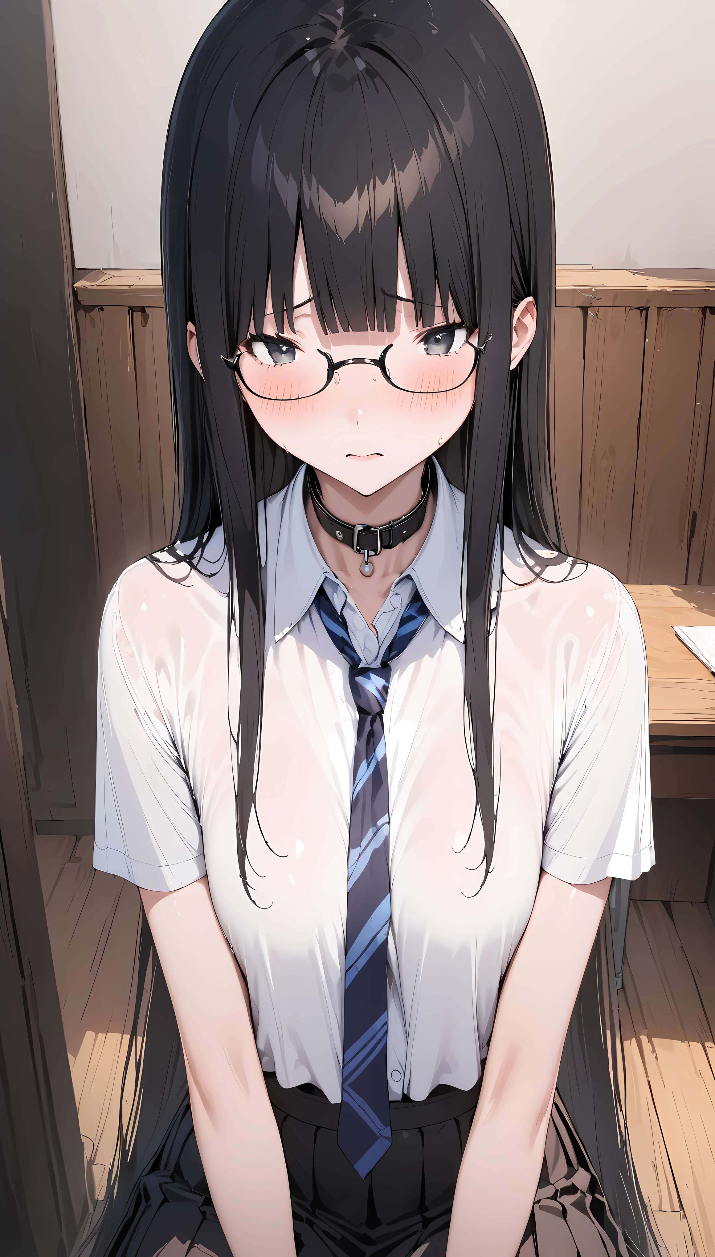 ((masterpiece,Best Quality:1.3,best quality illustrations)),portrait,cowboy shot,1 woman, slave,adult,straight long hair,black hair,(very small head:1.2), long bangs between eyes,gray eyes,(Black-rimmed glasses),(gorgeous eyes),shy,sad,very long body,(collared white shirt,Black leather collar、A long chain connected to a collar)、navel、((pleated dark blue miniskirt)),Short sleeve、navy blue striped tie、slender body,toned body,shiny skin,sitting,Simple chair、Simple desk、classroom、School、Several students in the background、Tokyo、