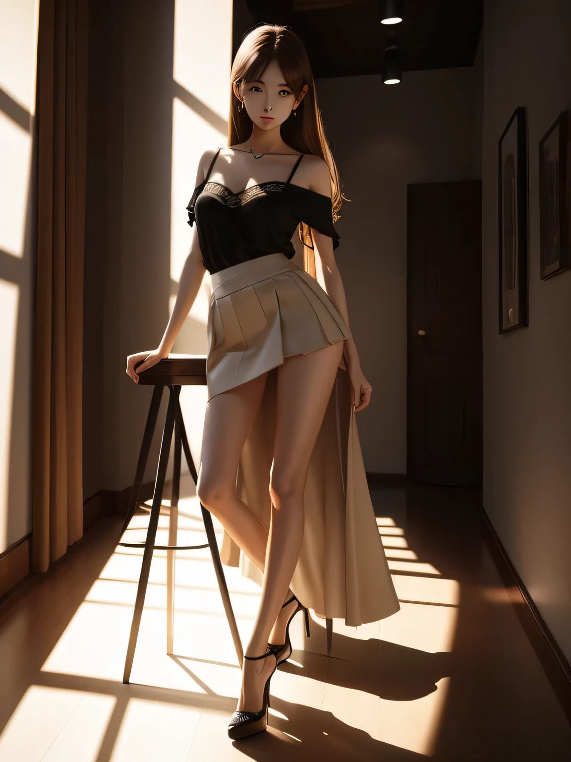 Sitting on the bed with her legs spread out, supporting her upper body with her arms facing the audience, peach hips, big breasts, slender waist and long legs beauty, wearing red high heels --auto