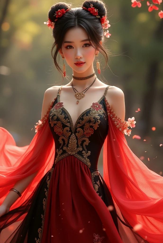 Chinese woman wearing red ancient Chinese dress at night