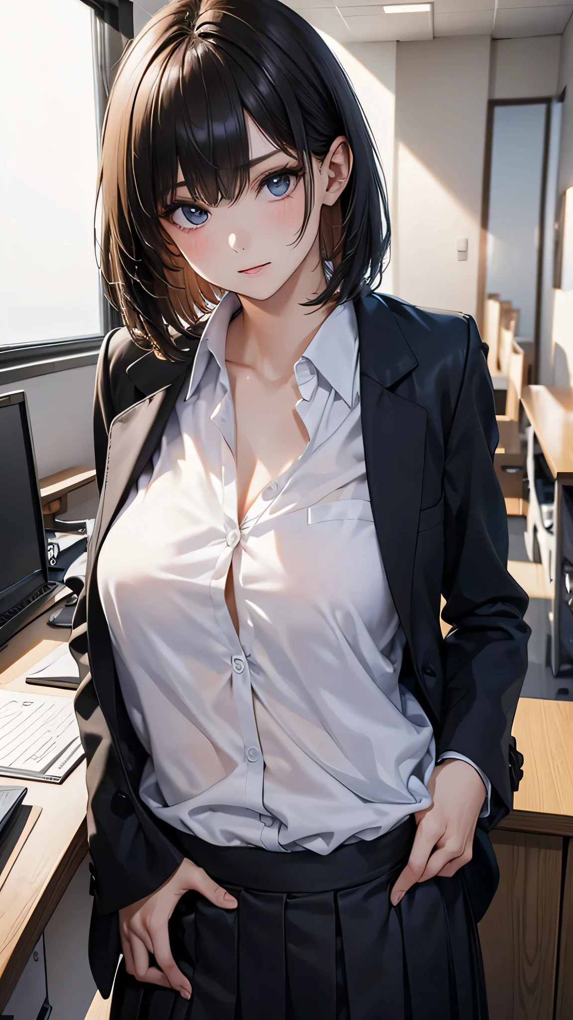  adult female, Alone, sexy,8K resolution,((Best Quality)), super high definition, (Grim expression), (Black eyes), A beautiful, symmetrical face, (brown cut medium hair),Officeジャケット,office worker skirt,Realistic:1.4,Realistic:1.4,(masterpiece:1.2), perfect eyes,Perfect Eyes, anatomically correct human body,Office,Perfect waist,Perfect thighs