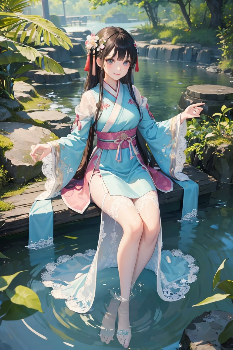 A girl, (beautiful eyes), smiling, Hanfu, (lace uniform), cute and dreamy, full body, (streams, clear water), (beautiful avatar photography, digital art, detailed description, best quality, 8K, ultra clear), pantyhose