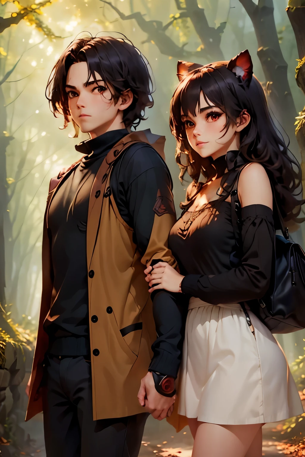 A couple holding hands the boy is Neocruz dark brown hair, brown eyes. y la chica es black hair, cat ears, red eyes, en un camino a través del bosque., fog,  autumnal landscape , sunlight filtering through the fog and branches