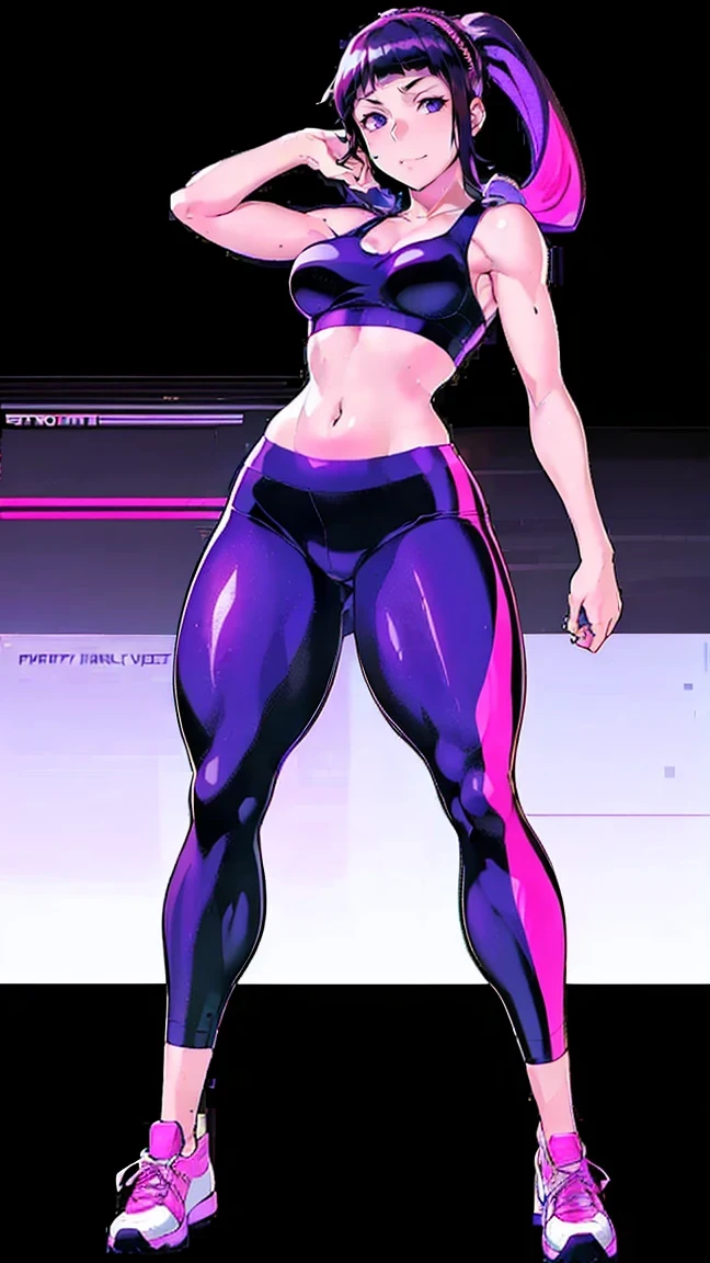 (Hinata Hyuga, Very sensual, In tight clothes, Big Ass, Thick legs, trainer, Leggings pants, Navel comes out, Long Hair, Rear speakers, Very realistic, View of the Cyberpunk City, Clearly defined lines, Neon Lights Very Sexy, 8k, 8k Very detailed), (Very delicate and beautiful), (masterpiece), (Better Quality: 1.0), (Ultra-high resolution:1.0), ((Synthwave Background Theme)), whole body