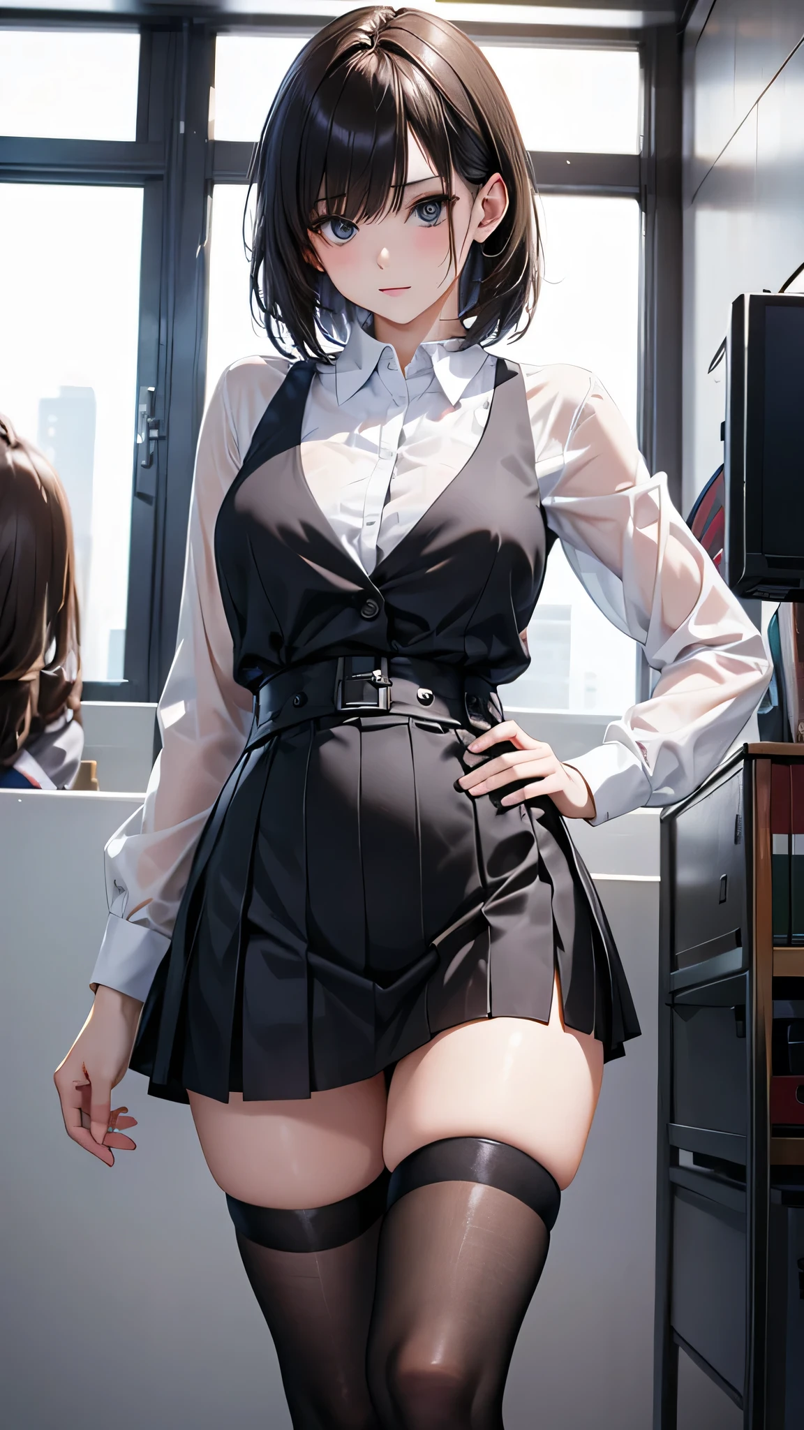 adult female, Alone, sexy,8K resolution,((Best Quality)), super high definition, (Grim expression), (Black eyes), A beautiful, symmetrical face, (brown cut medium hair),Officeジャケット,office worker skirt,Realistic:1.4,Realistic:1.4,(masterpiece:1.2), perfect eyes,Perfect Eyes, anatomically correct human body,Office,Perfect waist,Perfect thighs