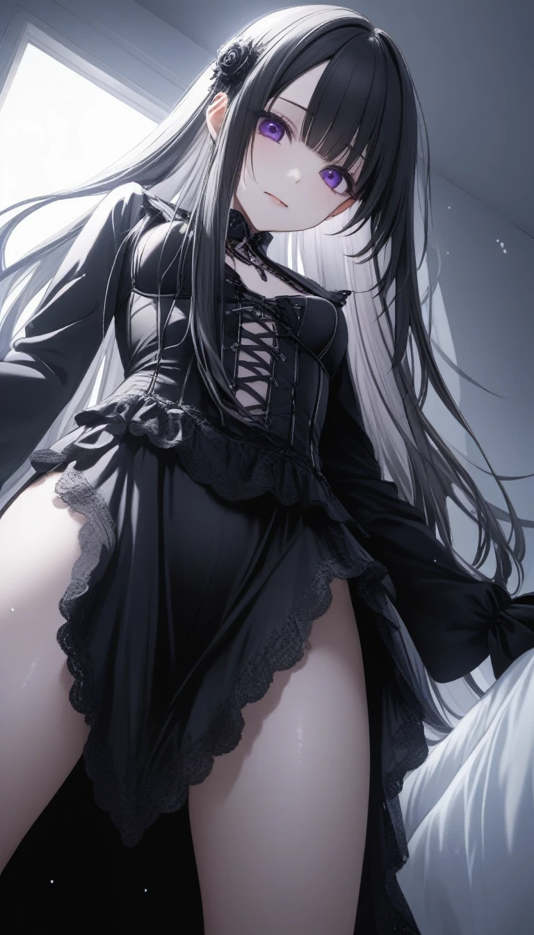 1girl, from below, looking down, pussy, scared, ((hourglass figure)), ((black lingerie))