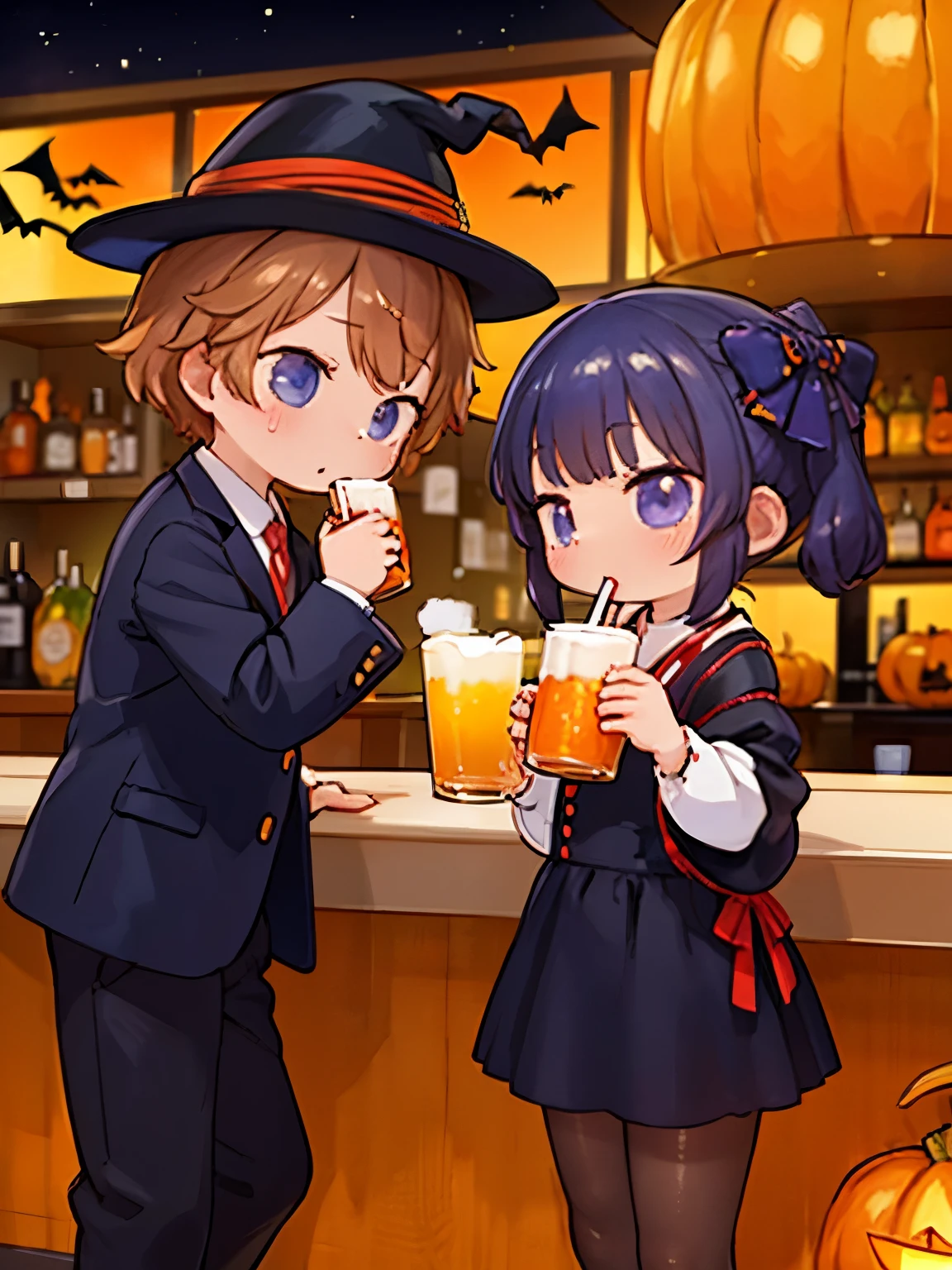 Masterpiece，Best Quality， highest resolution ， Autumn Night、 Halloween Decorations，Halloween Costumes，Two people drinking beer at a bar in the city outumn 夜ＯＬ，Drink a cocktail，snack，Cunning gestures，