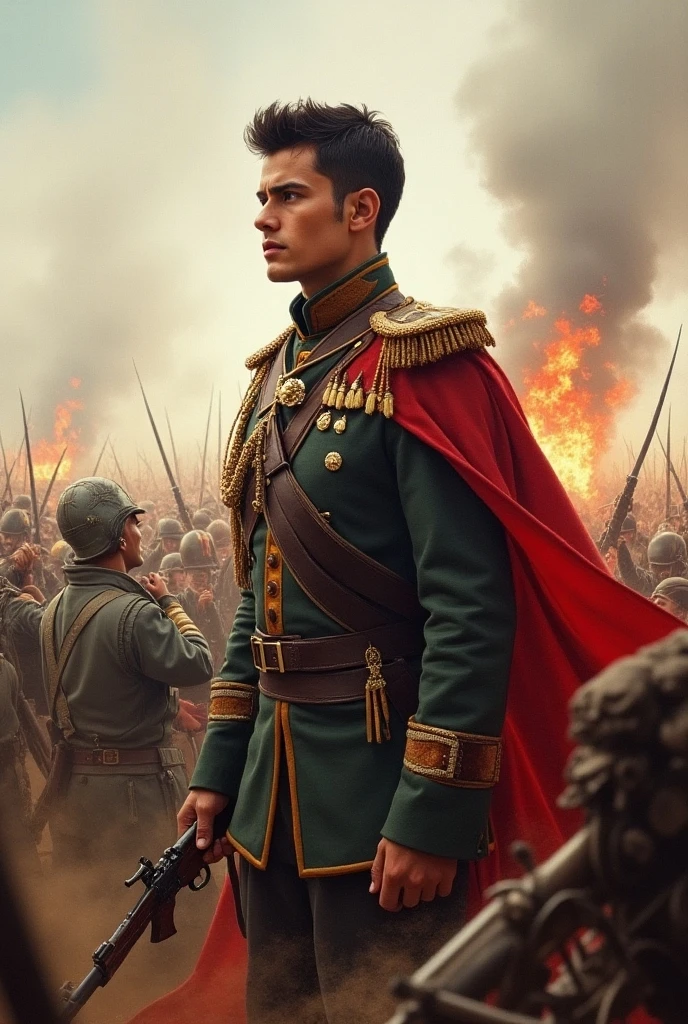 Imagine an epic scene in which Alphonse, a young man wearing a military uniform from Sarre,  is on a battlefield . His expression is one of determination and pride, while looking around.  In the background, you can see the defenses raised, with soldiers from different European countries ready to fight together.  The sky is cloudy , reflecting the tension of the moment, but there is a ray of light that illuminates Alphonse, symbolizing hope and unity in the fight against the enemy.

in the corner of the image, you could include Alonso, your old friend, pointing to the horizon, as if he were alerting others to the imminent danger.  The atmosphere is intense , but there is also a sense of camaraderie and courage among soldiers.