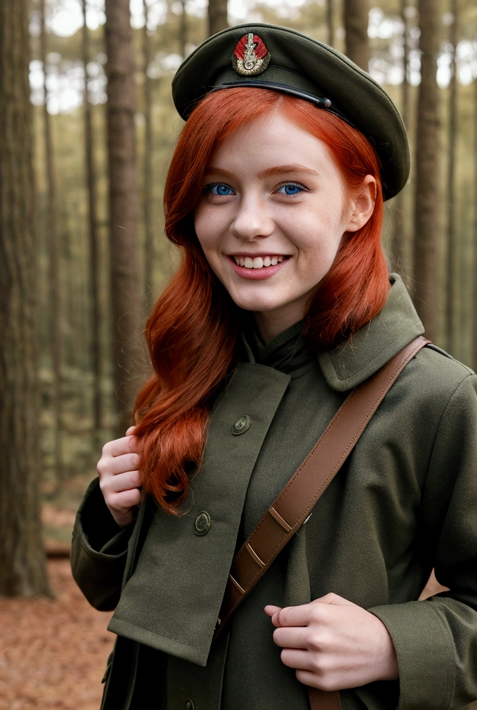 Young girl,  at a military facility in the forest, 1 girl, red hair, closed parade military uniform, shoulder straps ,  military pants , CAP, square hairstyle, Blue eyes, mystical mood,   Looking at the viewer, Smile, flirting,long sleeves, warm clothes, winter jacket women



