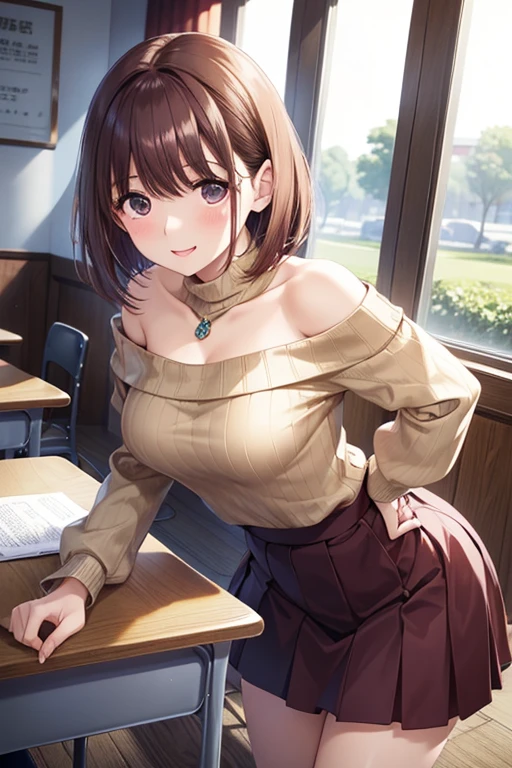 ((masutepiece, Best Quality, hight resolution, nffsw, Perfect Pixel, depth of fields, 4K, nffsw, nffsw)), 1girl in, Single, Solo, Beautiful Art Style, ((Long hair, Brown hair)), (eyes are brown:1.4, rounded eyes, Beautiful eyelashes, Realistic eyes), (Detailed face, Blushing:1.2), (Smooth texture:0.75, Realistic texture:0.65, Photorealistic:1.2, Anime CG style), ((medium breasts)), cleavage of the breast, (Dynamic Angle, Dynamic Pose:1.4, looking to viewer), Perfect body, (Thin leg)、((White sweater, Long sleeve, plaid skirts, Stockings)), Smile, Open mouth, (Leaning forward), (hands behind back), amusement park, a necklace, Rounded earrings、during a meal、sit a chair、frontage