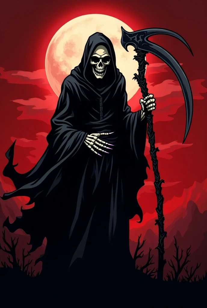 Full body shot, fantasy, Dark, horror, female verion of death with scythe, moody, Dark, muted colors, Red lights of hell, Simple brush line, oil painting, scarry, visible deep Red glowing eyes of hoodwd skull