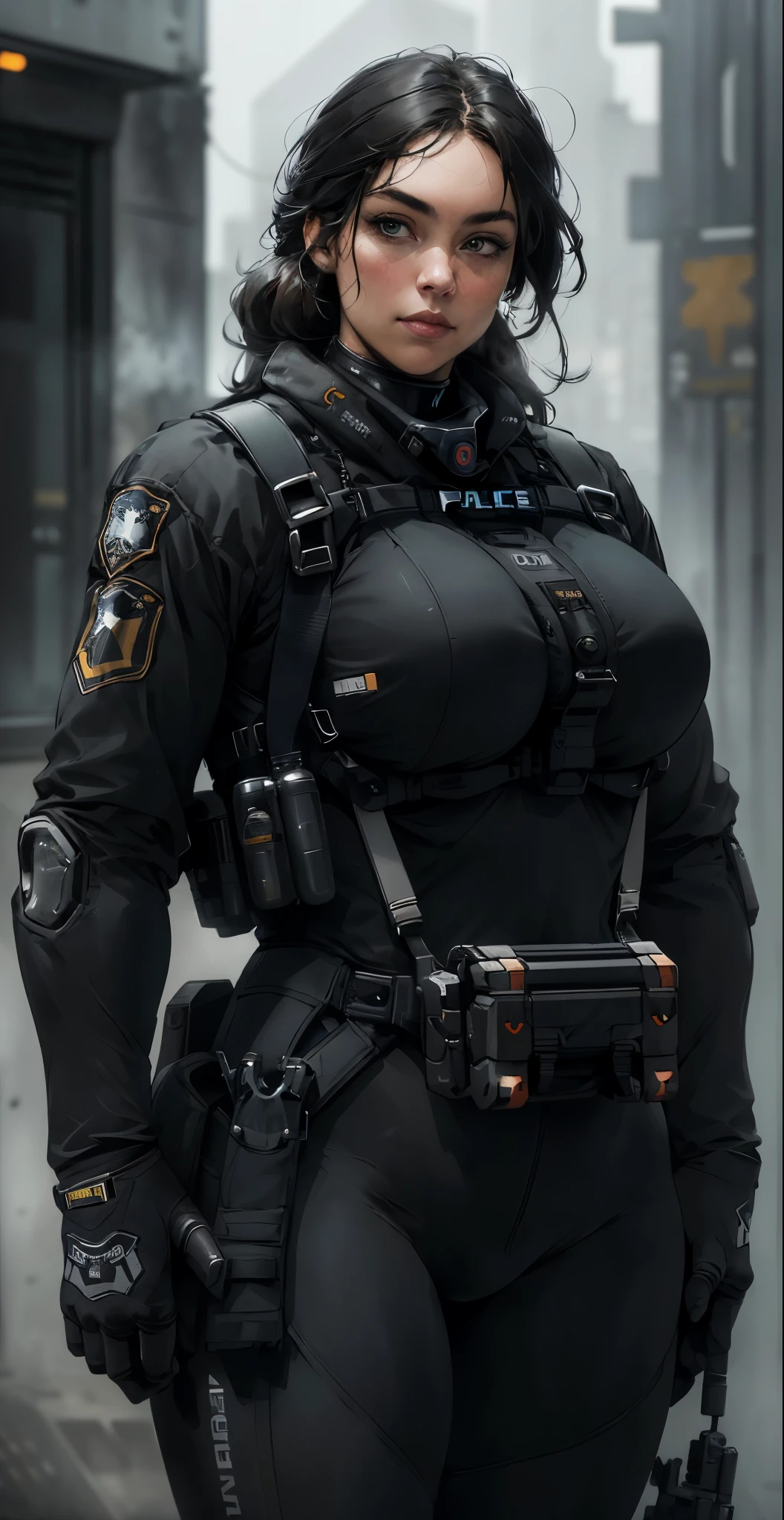 Highest image quality, outstanding details, ultra-high resolution, (realism: 1.4), ((full body:0.5)), the best illustration, favor details, highly condensed 1girl, with beautiful and a delicate face, (wearing racing suit likes police uniform, black and gray mecha, wearing a night-vision goggle, military harness, holding a machinegun), background simple grey wall,