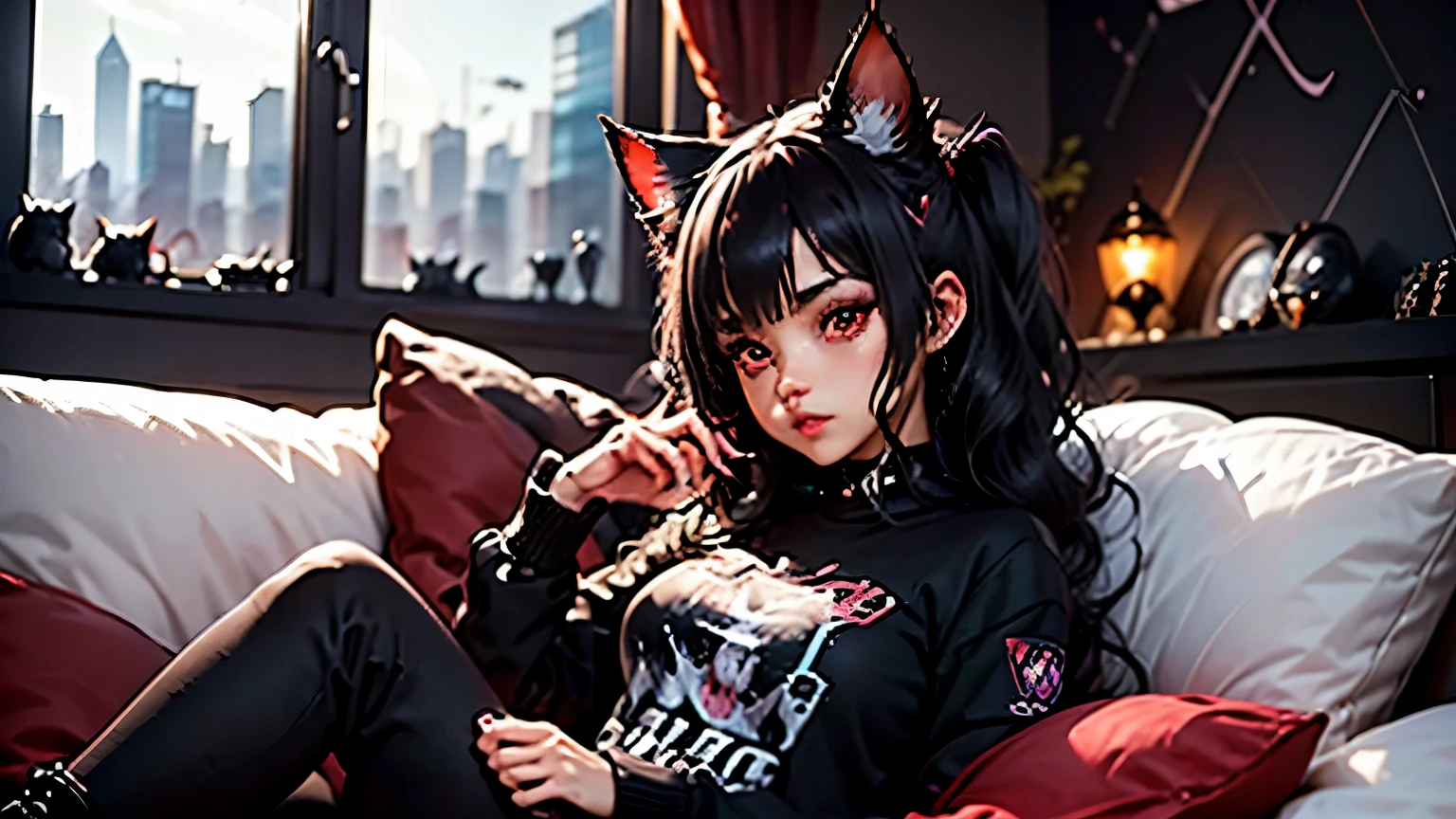 Una chica gamer (junkotvv black hair, cat ears, red eyes), relajándose en el sofá con un dispositivo de juego portátil en sus manos y auriculares puestos, in your living room with a city skyline outside the window at night. Tenga carteles de juegos en la pared. 