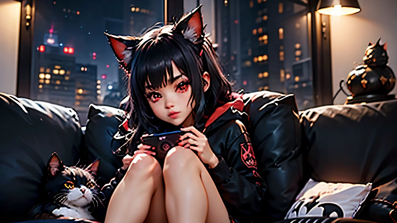 Una chica gamer (junkotvv black hair, cat ears, red eyes), relajándose en el sofá con un dispositivo de juego portátil en sus manos y auriculares puestos, in your living room with a city skyline outside the window at night. Tenga carteles de juegos en la pared. 